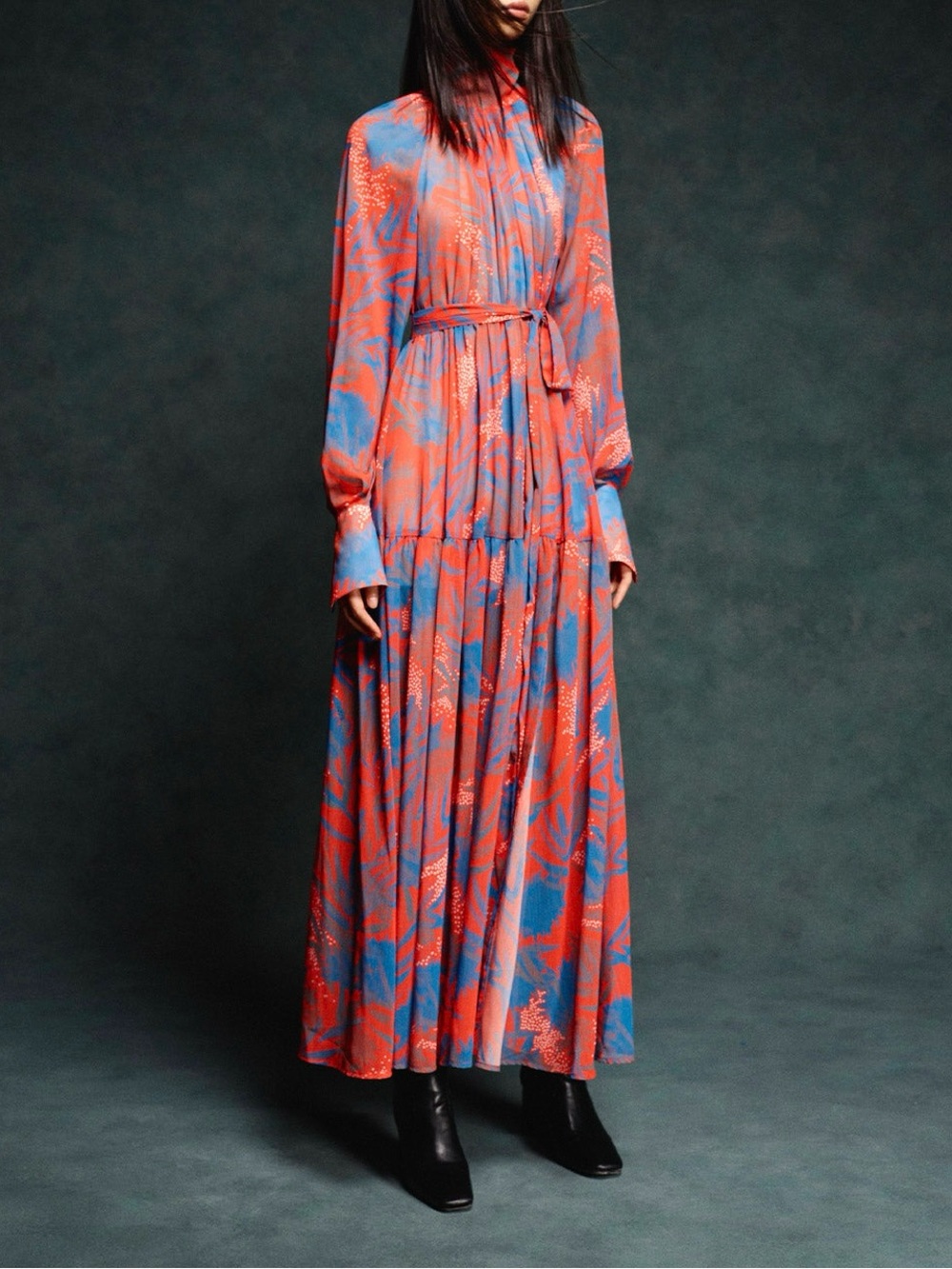 Urban Revivo Tiered High Neck Maxi Dress Blue Red Vibrant Print Wedding Guest L